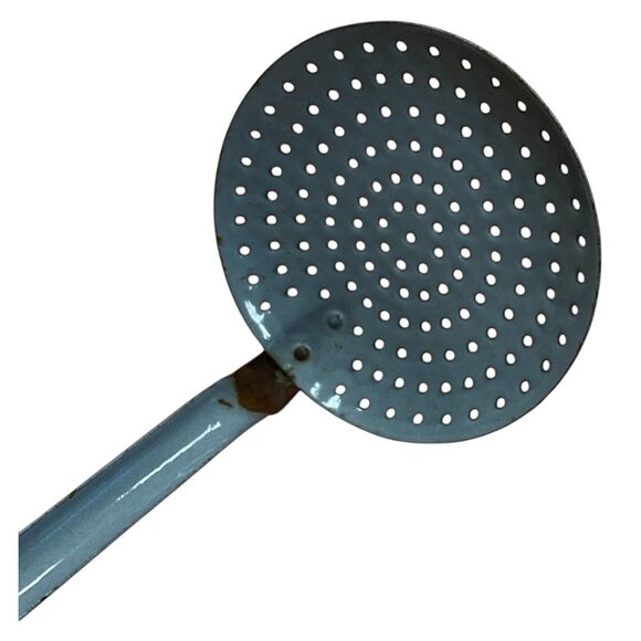 Gray Strainer Bent Skimmer Dipper Graniteware Enamel Handled Vintage Primitive - Picture 2 of 5